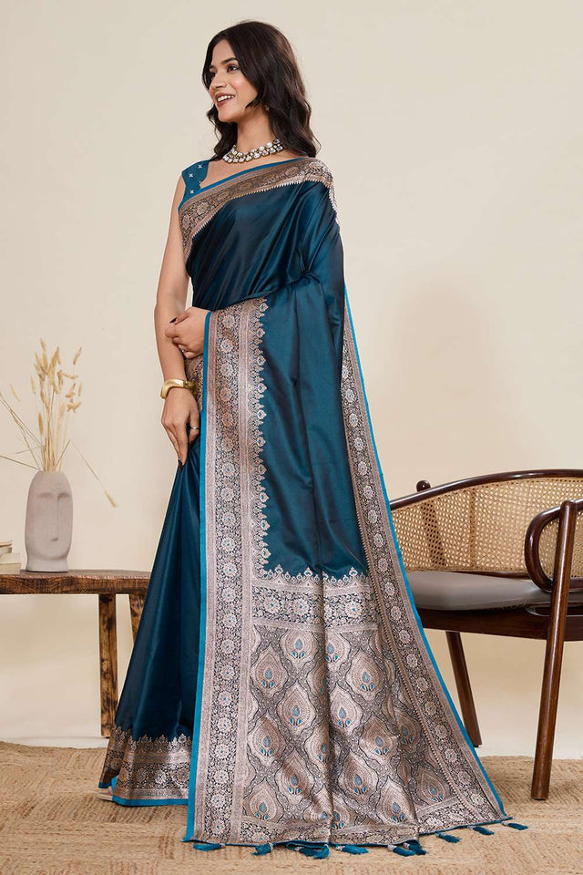 Turquoise Woven Satin Saree