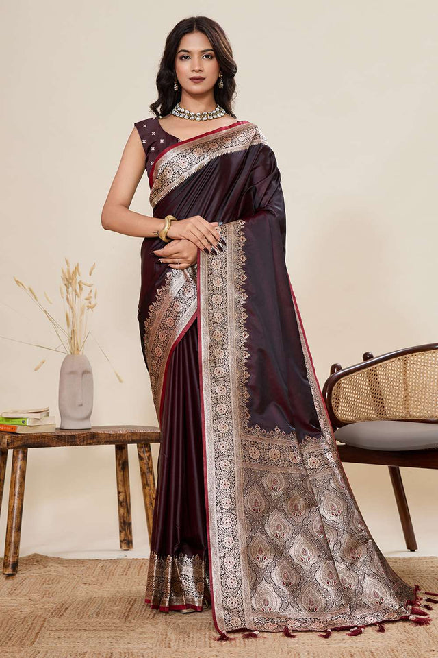 Brown Woven Satin Saree