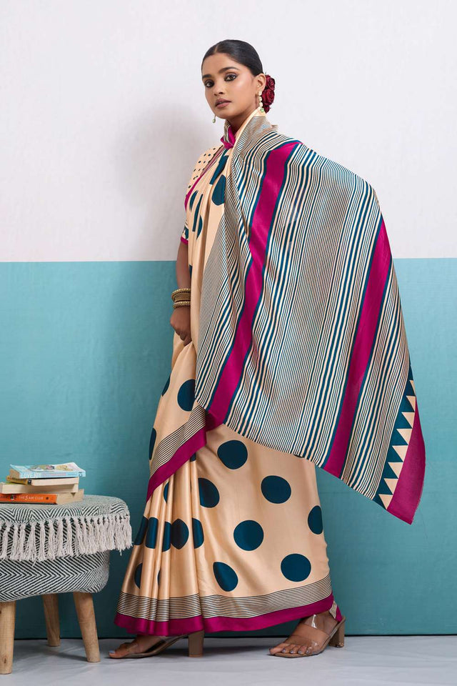 Turquoise Printed Satin Saree