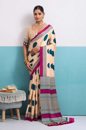 Turquoise Printed Satin Saree
