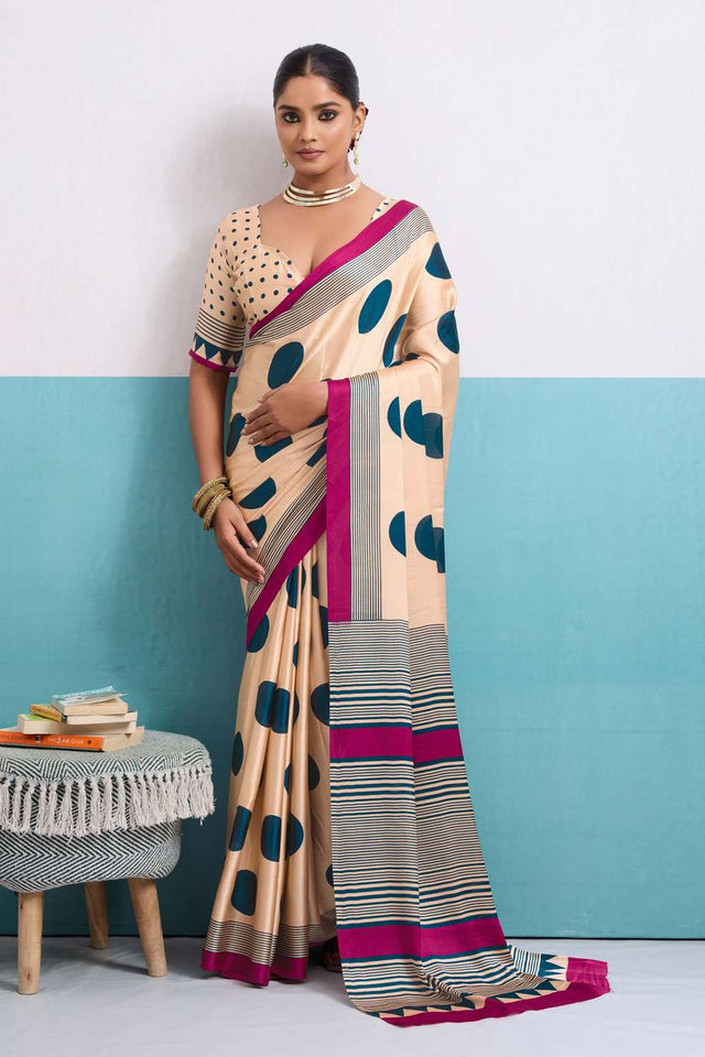 Turquoise Printed Satin Saree