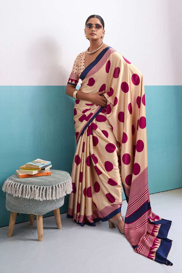 Pink Printed Satin Saree