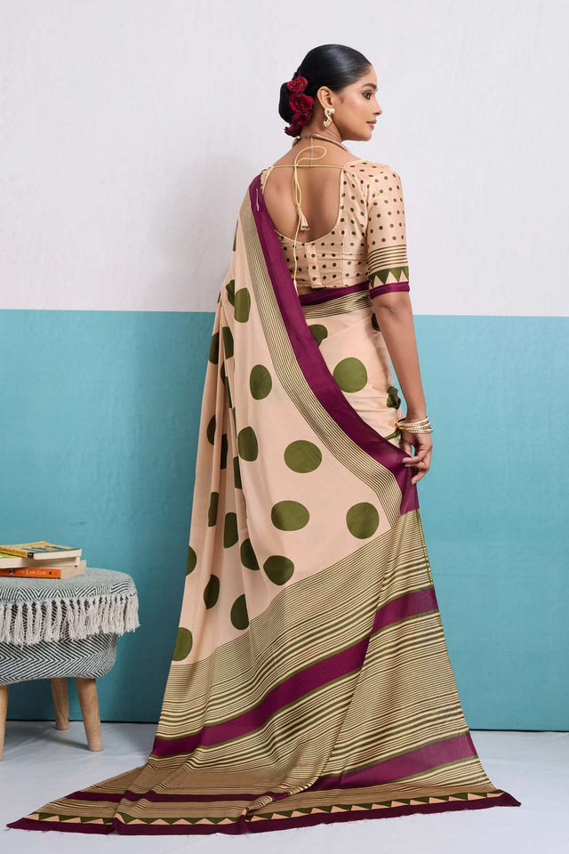 Olive Green Printed Satin Saree