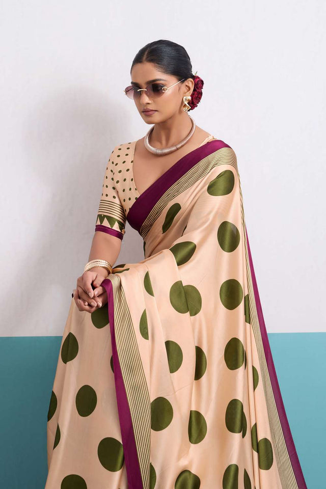 Olive Green Printed Satin Saree