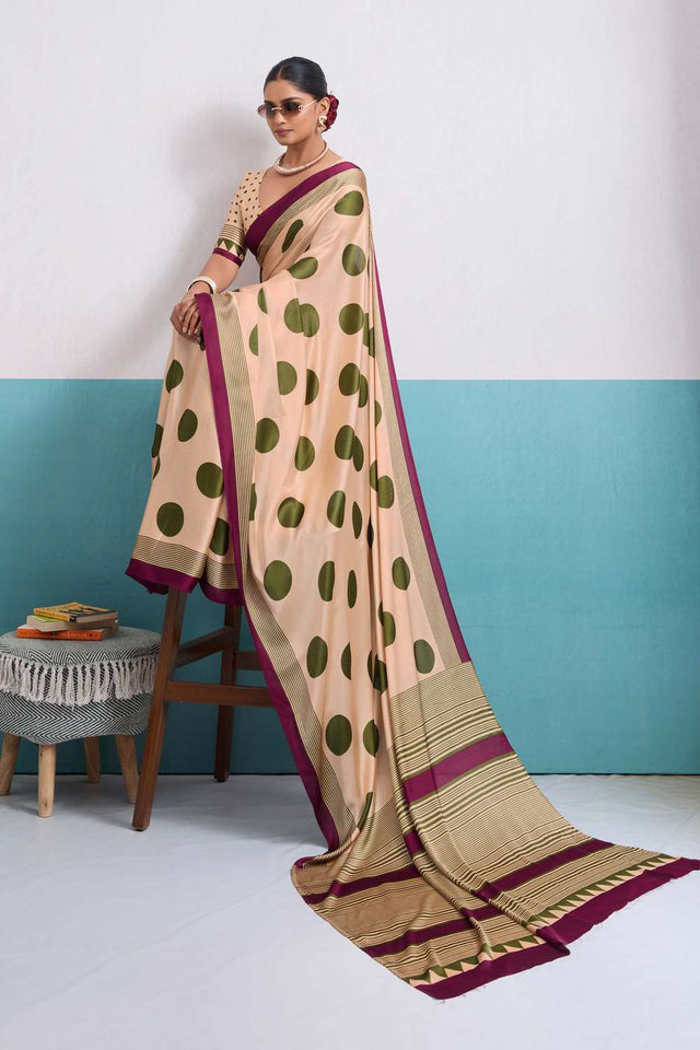 Olive Green Printed Satin Saree