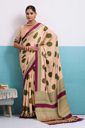 Olive Green Printed Satin Saree