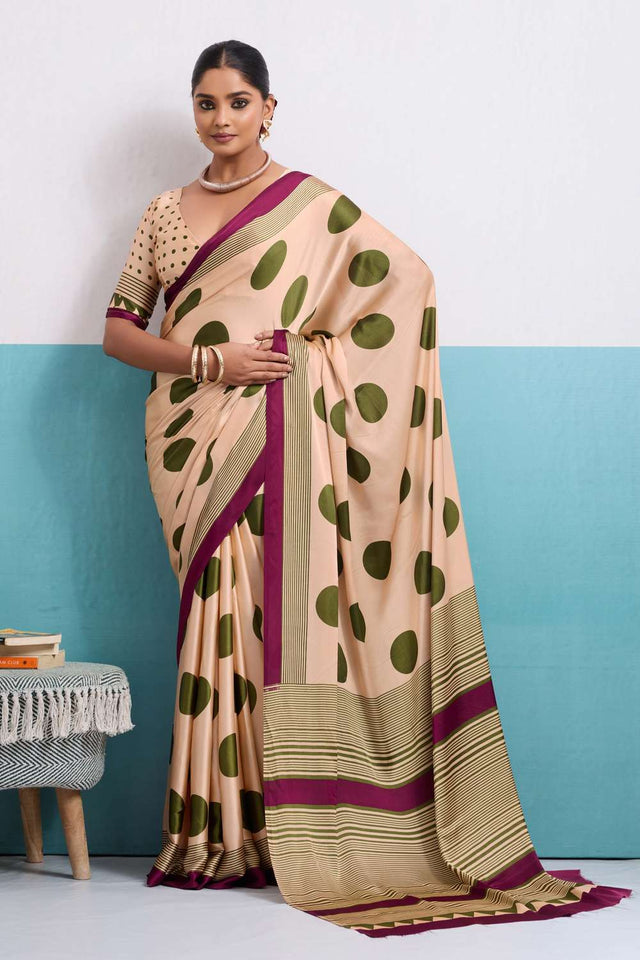 Olive Green Printed Satin Saree