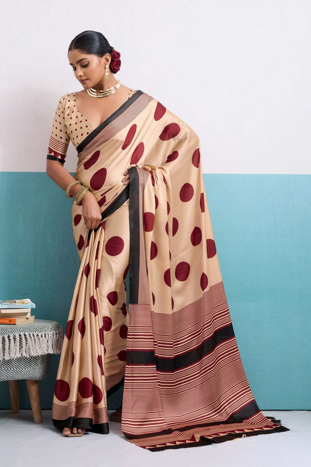 Wine Printed Satin Saree