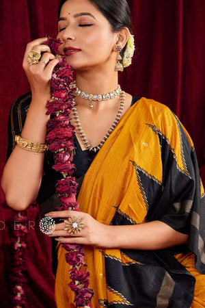 Yellow Zig Zag Printed Silk Saree