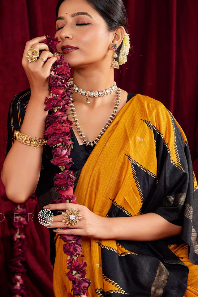 Yellow Zig Zag Printed Silk Saree