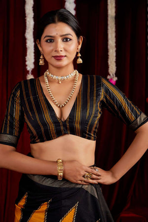 Yellow Zig Zag Printed Silk Saree