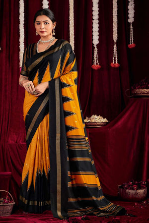 Yellow Zig Zag Printed Silk Saree