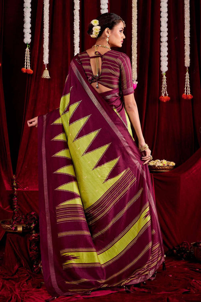 Green Zig Zag Printed Silk Saree