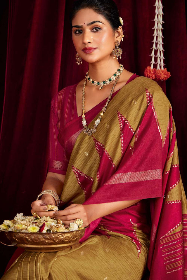 Mustard Zig Zag Printed Silk Saree