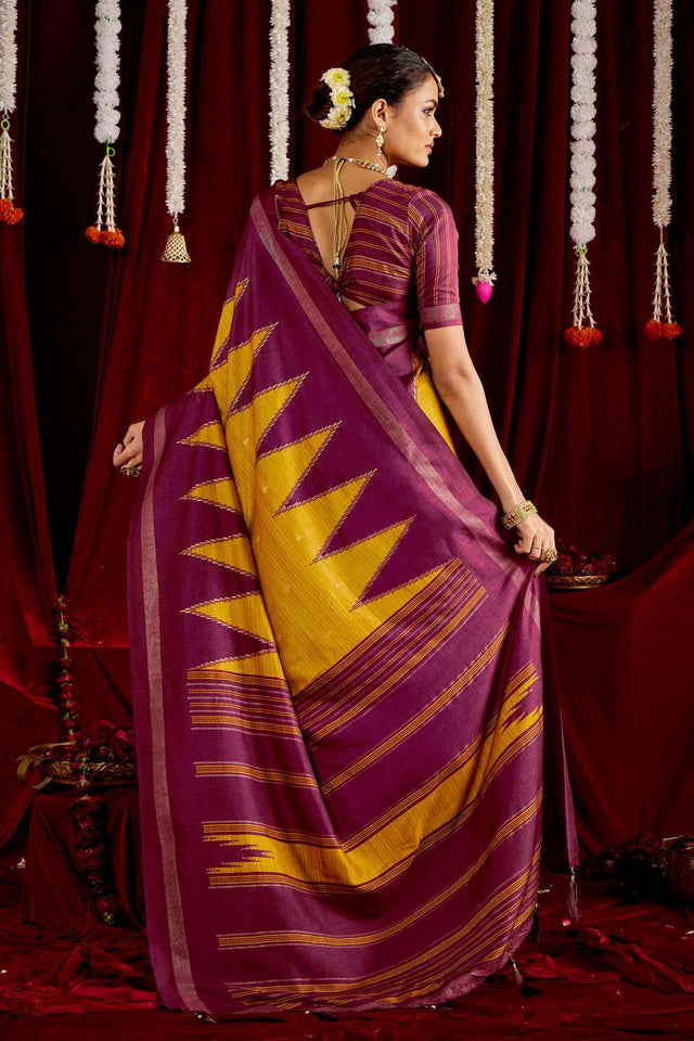 Mustard Zig Zag Printed Silk Saree