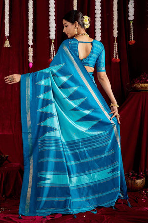 Blue Zig Zag Printed Silk Saree