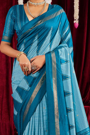 Blue Zig Zag Printed Silk Saree