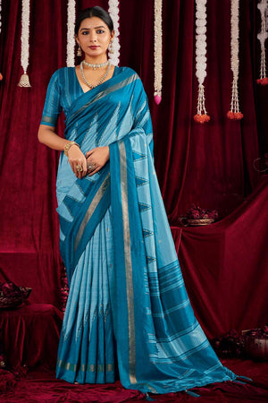 Blue Zig Zag Printed Silk Saree