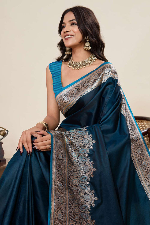 Turquoise Woven Satin Saree
