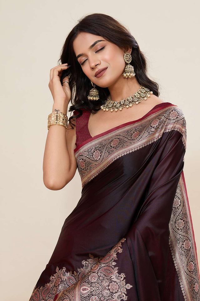 Wine Woven Satin Saree