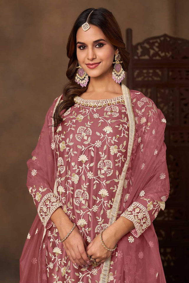 Pink Floral Embroidered Net Palazzo Suits (Blouse Semi-Stiched)
