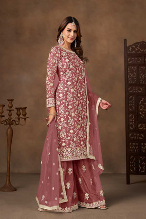 Pink Floral Embroidered Net Palazzo Suits (Blouse Semi-Stiched)