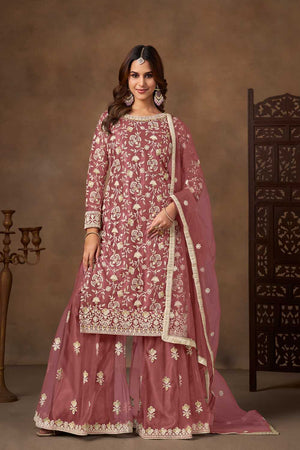 Pink Floral Embroidered Net Palazzo Suits (Blouse Semi-Stiched)