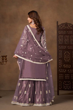 Lavender Floral Embroidered Net Palazzo Suits  (Blouse Semi-Stiched)