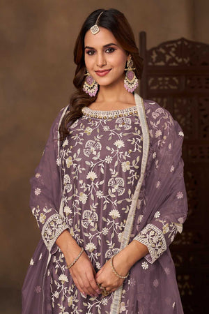 Lavender Floral Embroidered Net Palazzo Suits  (Blouse Semi-Stiched)