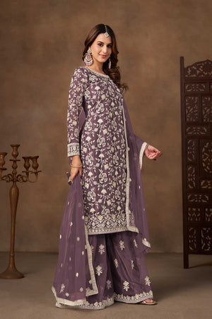 Lavender Floral Embroidered Net Palazzo Suits  (Blouse Semi-Stiched)