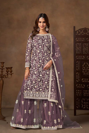 Lavender Floral Embroidered Net Palazzo Suits  (Blouse Semi-Stiched)