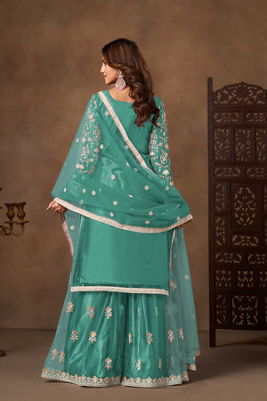 Sea Green Floral Embroidered Net Palazzo Suits (Blouse Semi-Stiched)