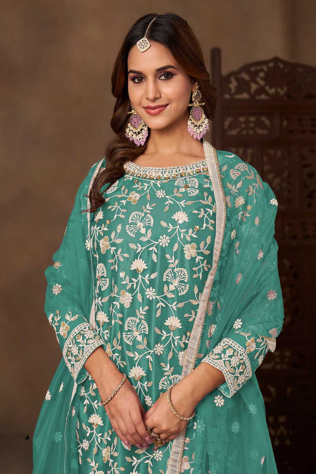 Sea Green Floral Embroidered Net Palazzo Suits (Blouse Semi-Stiched)