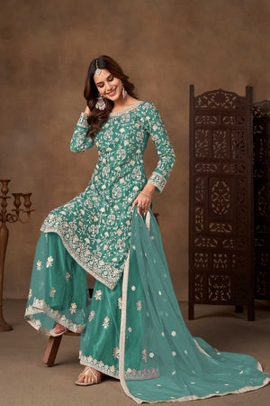 Sea Green Floral Embroidered Net Palazzo Suits (Blouse Semi-Stiched)