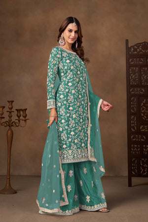 Sea Green Floral Embroidered Net Palazzo Suits (Blouse Semi-Stiched)