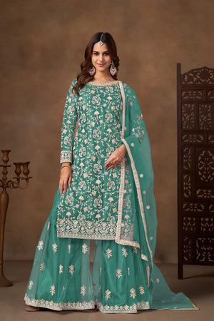 Sea Green Floral Embroidered Net Palazzo Suits (Blouse Semi-Stiched)