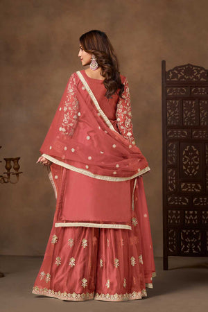 Peach Floral Embroidered Net Palazzo Suits (Blouse Semi-Stiched)