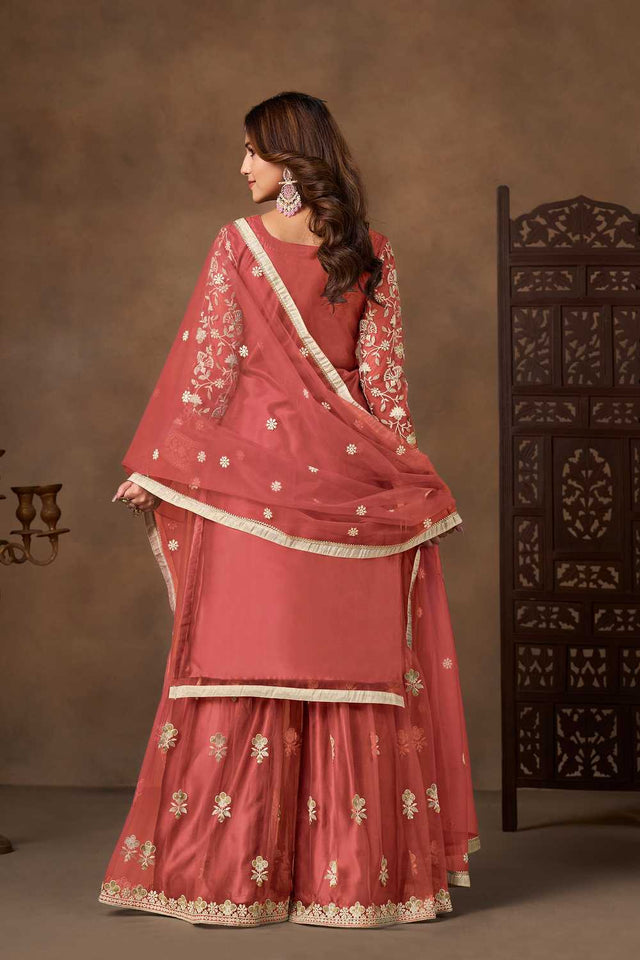 Peach Floral Embroidered Net Palazzo Suits (Blouse Semi-Stiched)