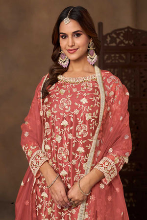 Peach Floral Embroidered Net Palazzo Suits (Blouse Semi-Stiched)