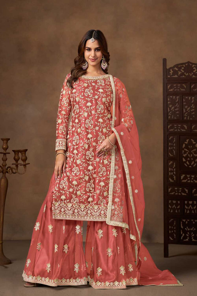 Peach Floral Embroidered Net Palazzo Suits (Blouse Semi-Stiched)
