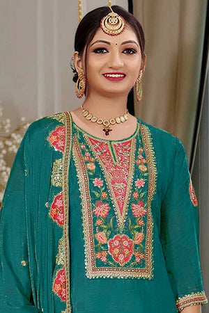 Turquoise Floral Embroidered Chinon Palazzo Suits (Blouse Semi-Stiched)