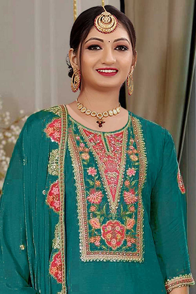 Turquoise Floral Embroidered Chinon Palazzo Suits (Blouse Semi-Stiched)