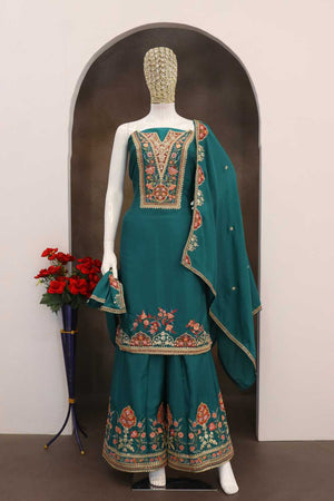 Turquoise Floral Embroidered Chinon Palazzo Suits (Blouse Semi-Stiched)