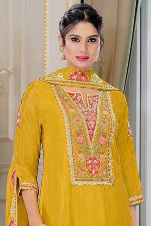 Yellow Floral Embroidered Chinon Palazzo Suits (Blouse Semi-Stiched)