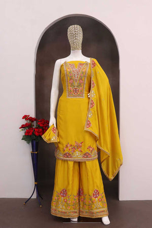 Yellow Floral Embroidered Chinon Palazzo Suits (Blouse Semi-Stiched)