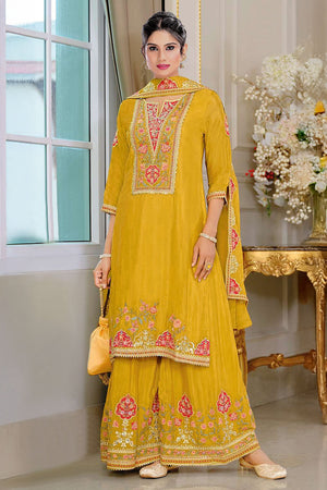 Yellow Floral Embroidered Chinon Palazzo Suits (Blouse Semi-Stiched)
