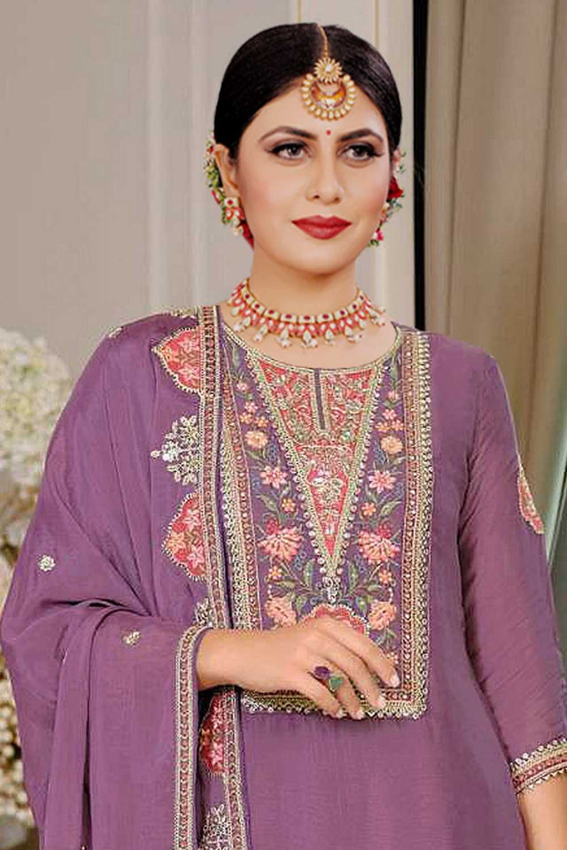 Violet Floral Embroidered Chinon Palazzo Suits