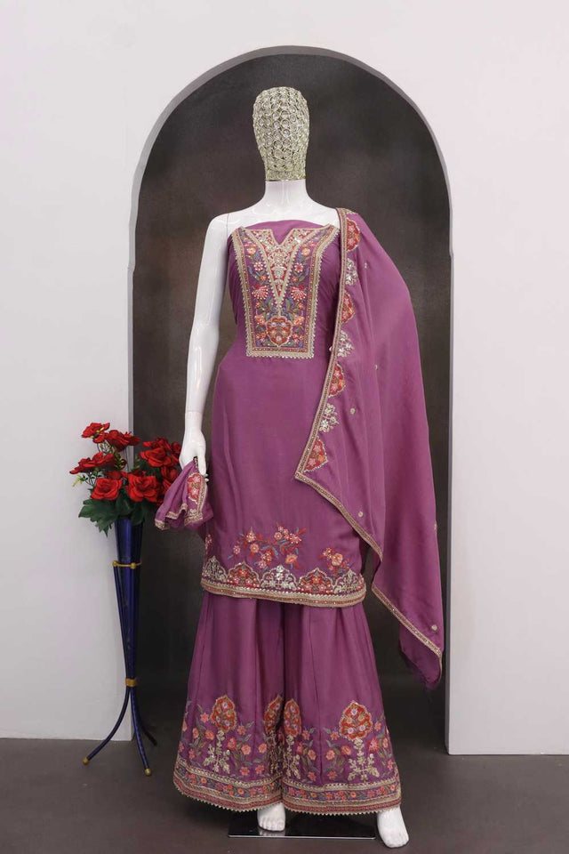Violet Floral Embroidered Chinon Palazzo Suits