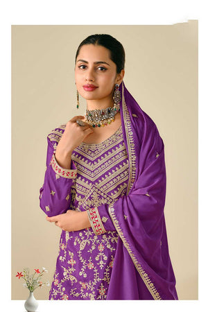 Violet Floral Embroidered Chinon Palazzo Suits