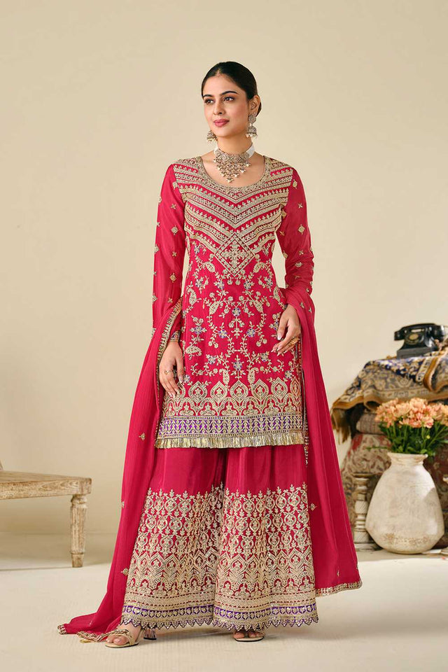 Pink Floral Embroidered Chinon Palazzo Suits